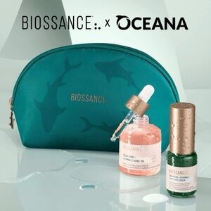 Biossance x Oceana Rose Oil and Dark Spot serum with bag